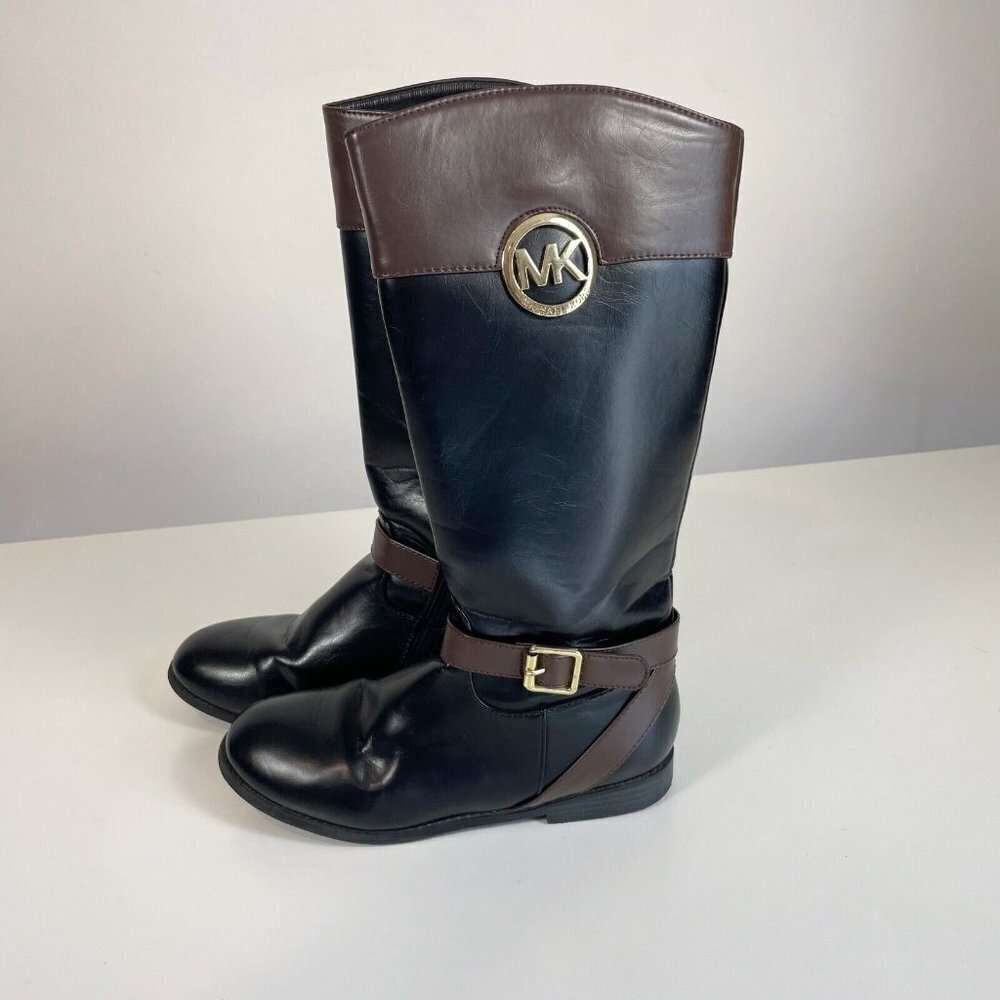 Michael Kors‎ Womens Emma Blaire Tall Riding Boots Black Brown 5 Leather Logo - Picture 3 of 8